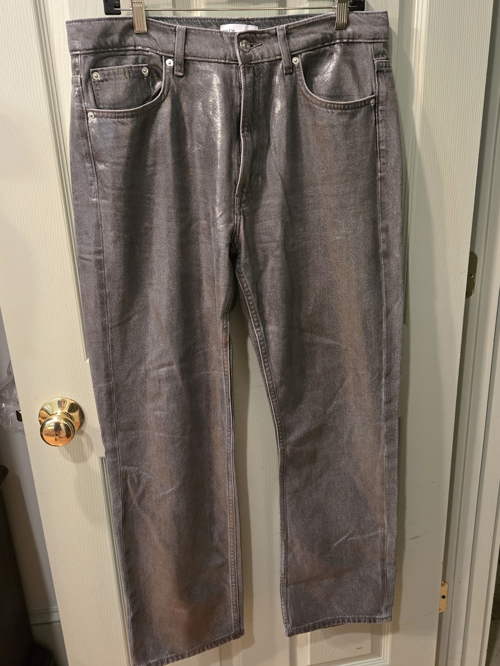 Zara Metallic Silver High Waist Sraight Leg Jeans With Shine